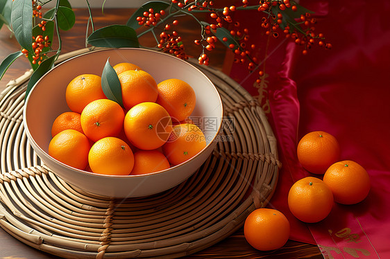 装满橙子的白碗图片