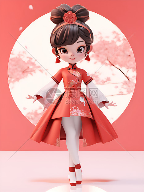 红衣少女与樱花图片