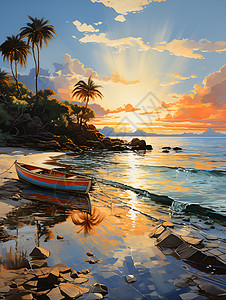 夕阳下沙滩上的小船和棕榈树图片