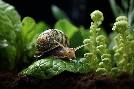蜗牛在叶子上爬行图片
