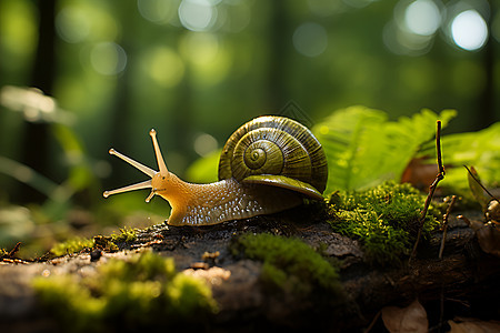 林地中的蜗牛与叶子图片