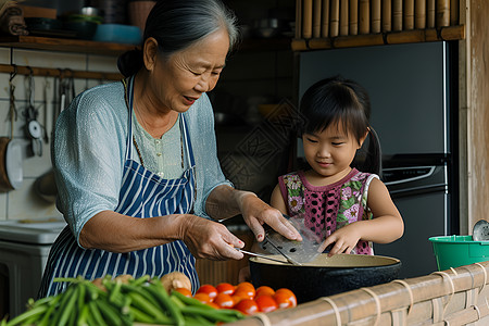 老人孩子妇人与孙女一起准备食物背景