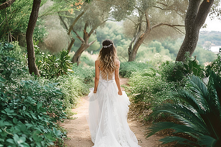 白裙新娘踏入绿植小径图片