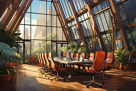 高大窗户和植物装饰的会议室图片