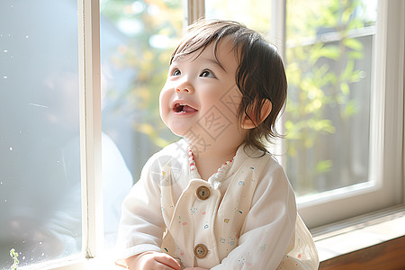 窗台上的小女孩高清图片