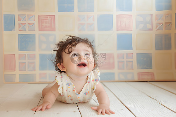 宝宝惊喜在地板上爬行图片