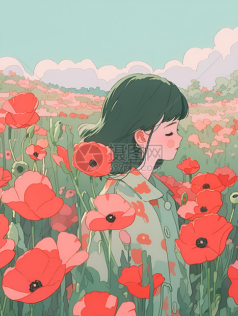 红花与自由的女孩图片