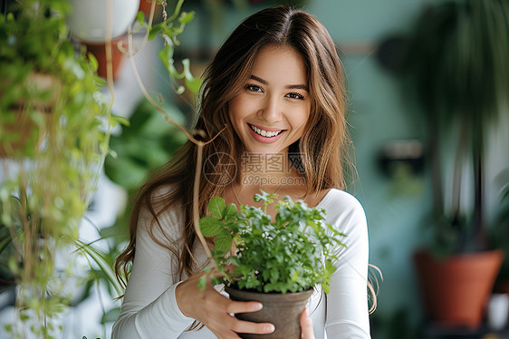 女孩拿着绿色的盆栽图片