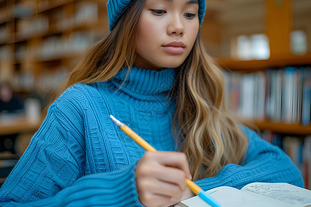 女孩在图书馆学习图片