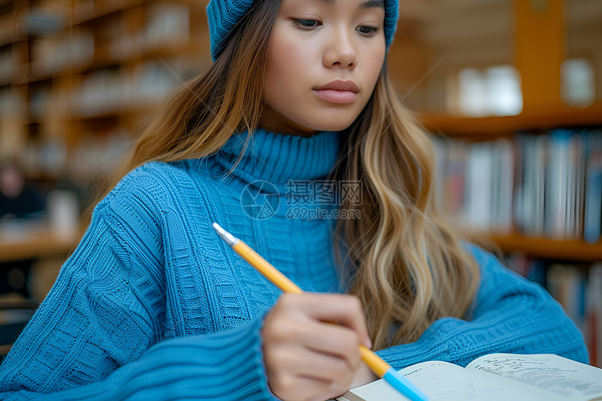 女孩在图书馆学习图片