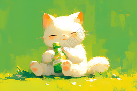 可爱白猫手拿瓶子图片