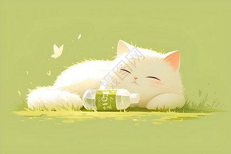 白猫伴着瓶子高清图片