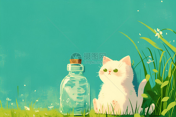 白猫与瓶子图片
