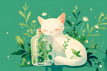 白猫与绿植图片