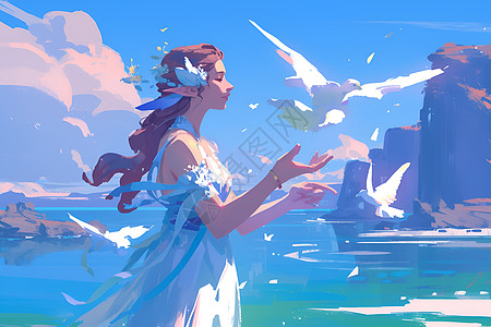 蓝色大海的传说河神引领传说中的鸟儿插画