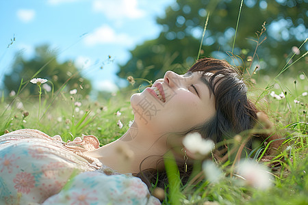 女孩躺在绿草坪图片