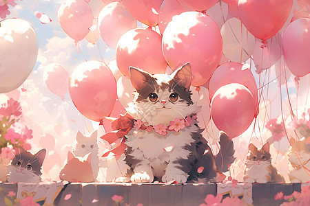 猫咪和粉色气球背景图片