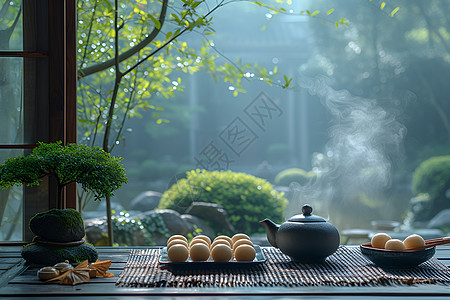 茶香四溢园内静谧品茗高清图片