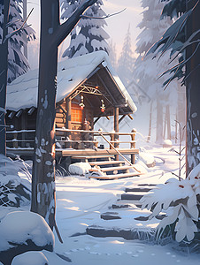 白雪覆盖下的森林小木屋背景图片