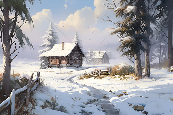 冬日小屋雪景温情图片