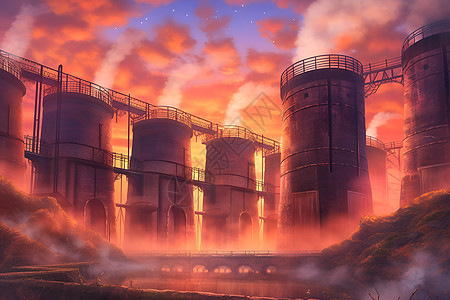日落时分的发电厂图片