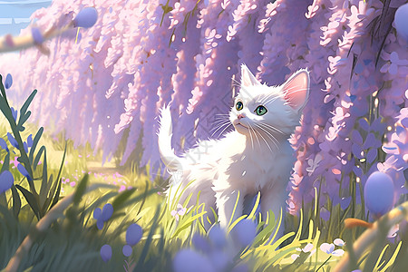 田野玩耍紫花丛中的白猫插画