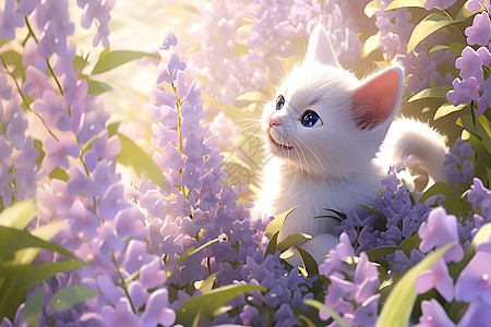 猫咪探索花丛图片