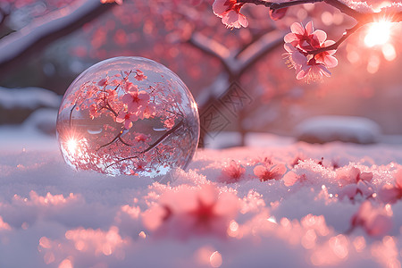 梦幻雪景梦幻中的樱花雪球设计图片