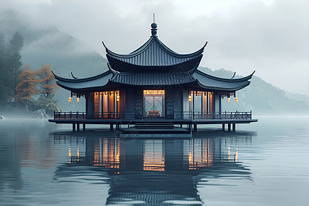 湖畔的中国亭子图片