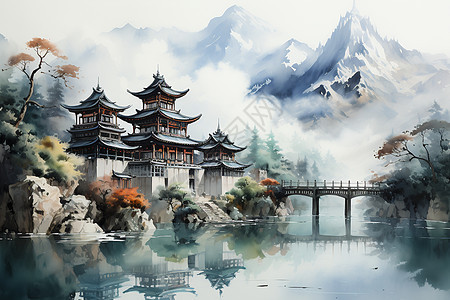 传统寺庙水彩画图片