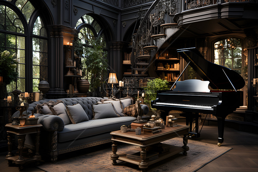 书房中的钢琴和沙发图片