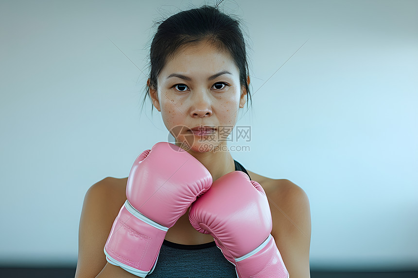 戴着粉色拳击手套的女性图片