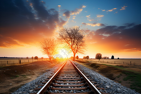 夕阳下的铁路上的一棵树图片