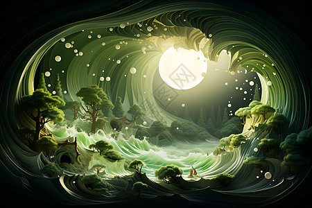 奇幻绿浪间的月光森林图片