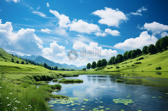 山谷河边的绿色风景图片