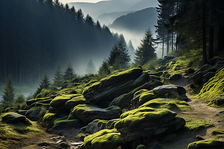 山林风景晨光中的山林秘径背景