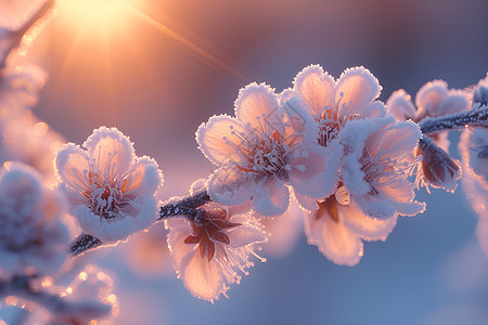 树枝花朵上的冰雪图片