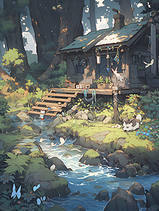 森林中的小屋背景图片