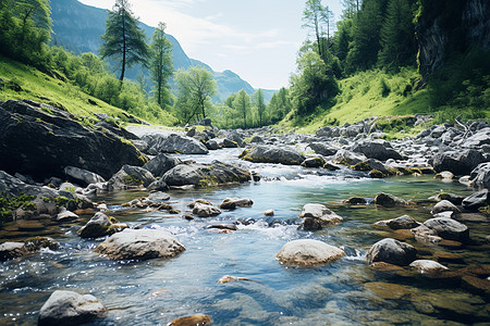 山间河流溪流穿越山谷背景