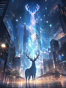 夜晚城市中的小鹿图片