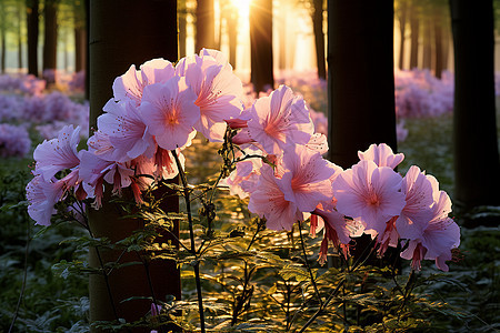 森林中一束粉色花朵图片