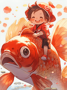 红鲤鱼上的孩子图片