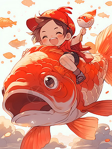 红鲤鱼上的幼童背景图片