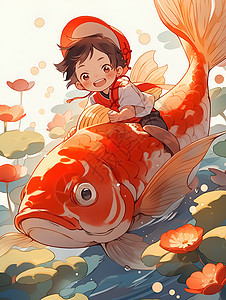 红鲤鱼上的卡通男孩图片