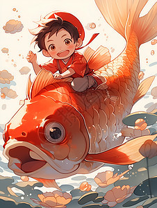 红鲤鱼上的可爱小男孩图片
