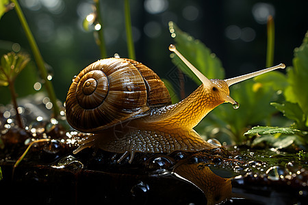 雨中爬行的蜗牛背景图片