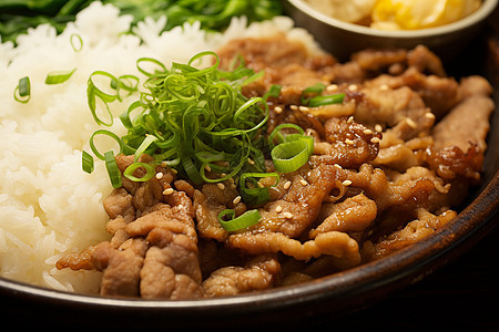 美味新鲜的猪肉和米饭图片