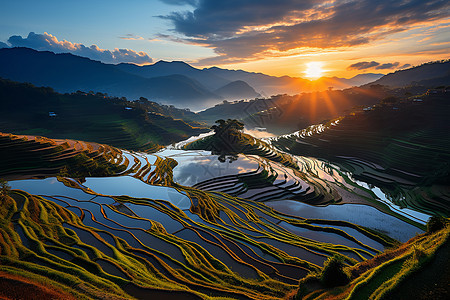 夕阳映照下的雄伟梯田背景图片