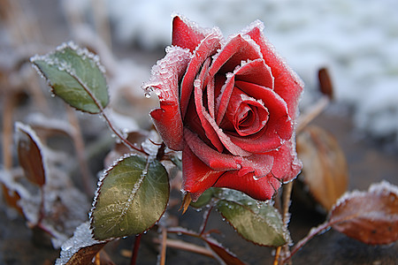 红玫瑰在结冰图片