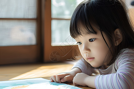 小女孩专注阅读图片
